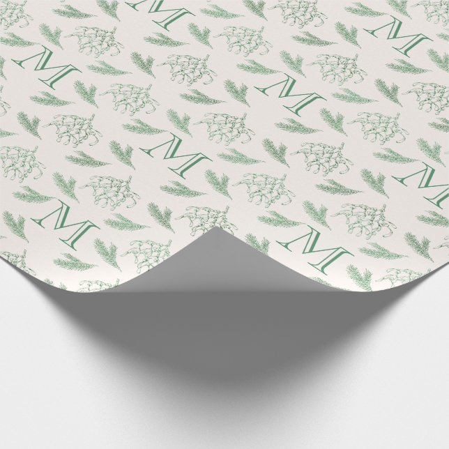 Mistletoe and Pine with Monogram Christmas Green Wrapping Paper (Corner)