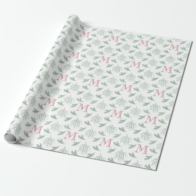 Mistletoe and Pine with Monogram Christmas Red Wrapping Paper (Unrolled)