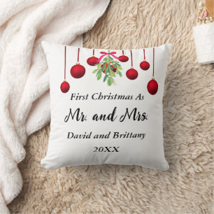 Mistletoe and Red Christmas Balls Newlyweds Pillow