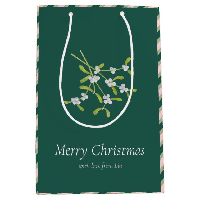 Mistletoe and Stripes Darkgreen Rose Gift Bag (Front)