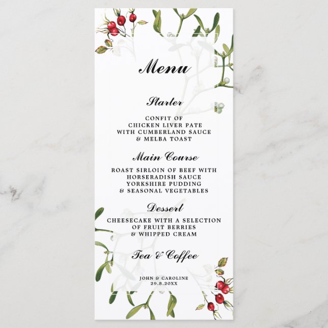 mistletoe berries winter wedding menu cards (Front)