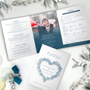 Mistletoe blue white wedding meal option RSVP Tri-Fold Invitation