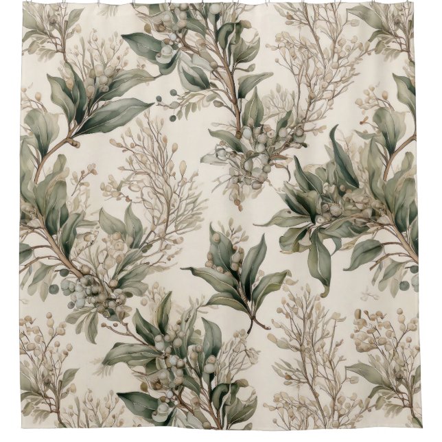Mistletoe Botanical - Green Leaves, Branches Shower Curtain (Front)