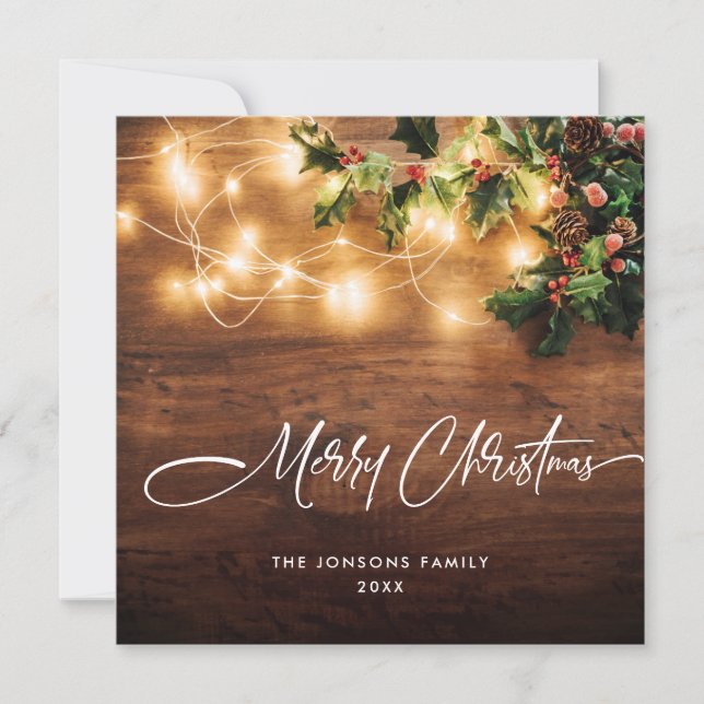 Mistletoe Branch Rustic Christmas Greeting Wood Holiday Card (Front)