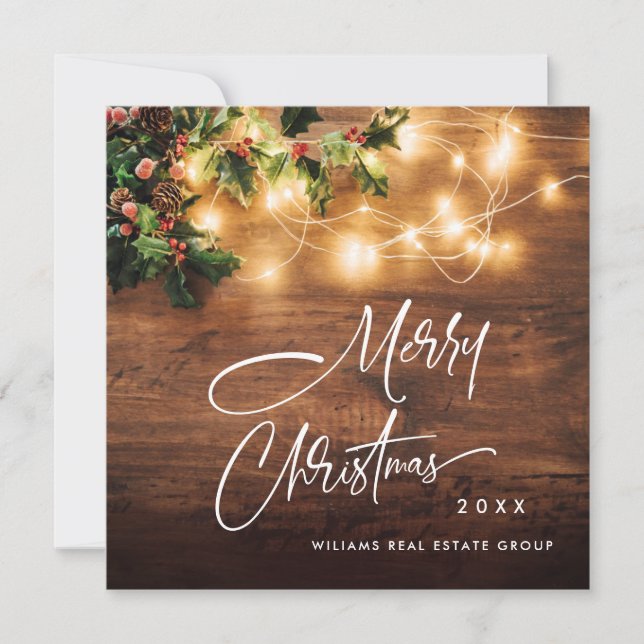 Mistletoe Branch Rustic Corporate Christmas Wood Holiday Card (Front)