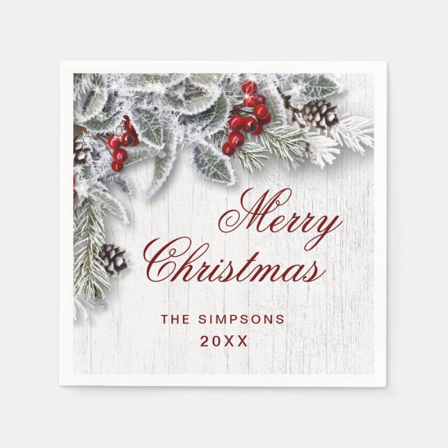 Mistletoe Branch Rustic Merry Christmas Holiday Napkin (Front)