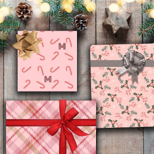 Mistletoe Candy Canes Plaid Custom Monogram Pink Wrapping Paper Sheet