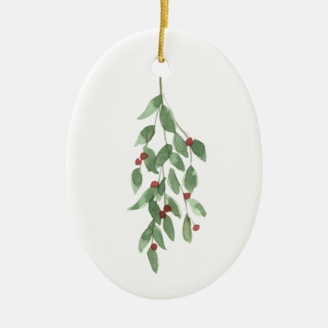 Mistletoe Ceramic Christmas Ornament Watercolor (Front)