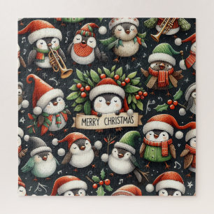 Mistletoe Christmas Penguin Carolers and robins Jigsaw Puzzle
