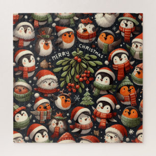 Mistletoe Christmas Penguin Carolers and robins Jigsaw Puzzle