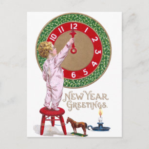 Mistletoe Clock & Toddler New Year Greetings Holiday Postcard
