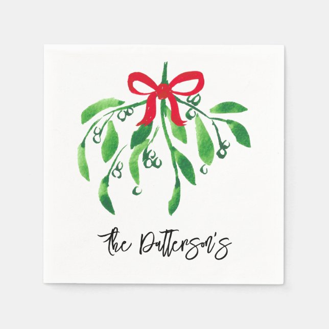 Mistletoe Couple Name Festive Red Green Kiss Napkin (Front)