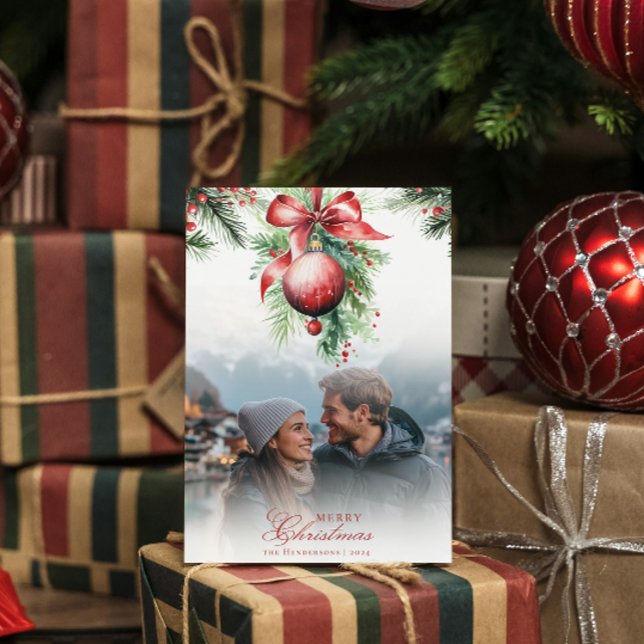 Mistletoe Couple Photo & Name Christmas Card (Creator Uploaded)