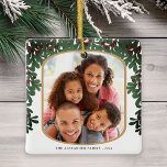 Mistletoe Foliage Rounded Frame 2 Photos Christmas Ceramic Ornament<br><div class="desc">This delightful Christmas ornament showcases a photo within a rounded frame,  accented with a mistletoe border on the front. The backside offers space for an additional photo.</div>