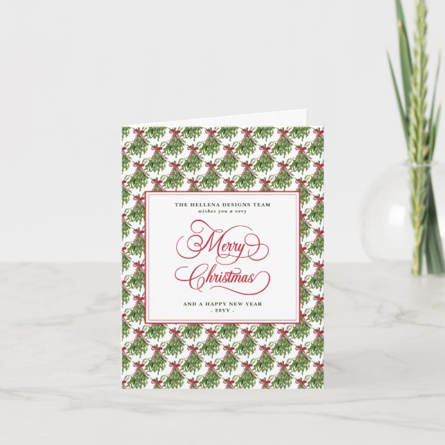 Mistletoe Garland Red Script Bow Business Logo Holiday Card (Front)
