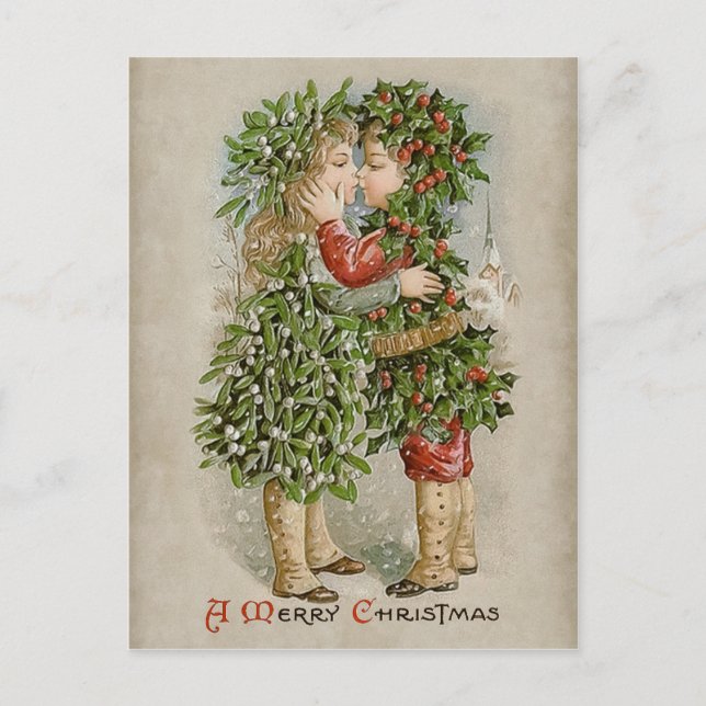 Mistletoe girl and holly boy kiss CC0784 Christmas Holiday Postcard (Front)