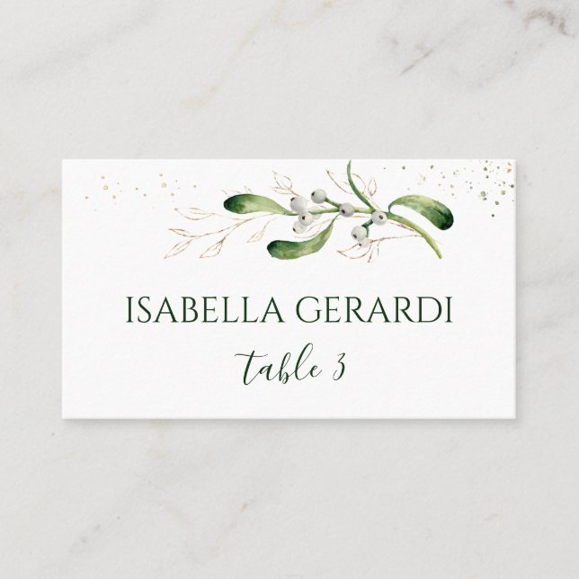Mistletoe  Gold Foliage Confetti Wedding Place Card (Front)