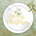 Mistletoe Gold Merry Christmas Return Address Classic Round Sticker<br><div class="desc">Pretty watercolor mistletoe hangs over chic gold script Merry Christmas typography on these elegant return address stickers. Personalise with your family name and address. Designed by Thisisnotme©</div>