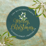 Mistletoe Gold Merry Christmas Return Address Classic Round Sticker<br><div class="desc">Chic mistletoe gold Merry Christmas return address classic round sticker featuring greenery watercolor mistletoe that hangs over elegant gold script Merry Christmas typography. Personalise with your address and family name. You can customise the background colour to match your holiday theme. Designed by Thisisnotme©</div>