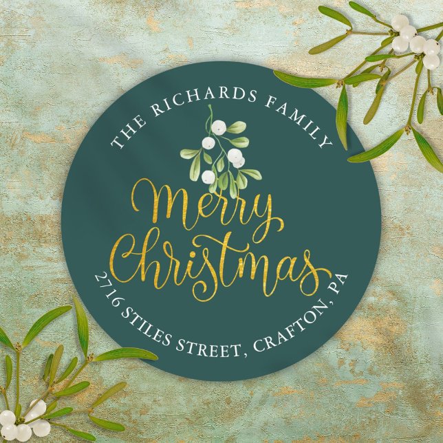 Mistletoe Gold Merry Christmas Return Address Classic Round Sticker (Mistletoe Gold Merry Christmas Return Address Classic Round Sticker)