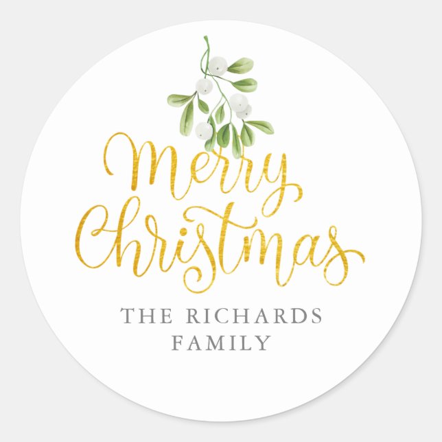 Mistletoe Gold Script Merry Christmas Family Name Classic Round Sticker (Front)