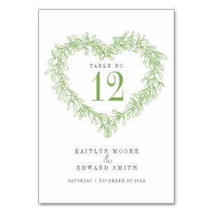 Mistletoe heart art green wedding event table number