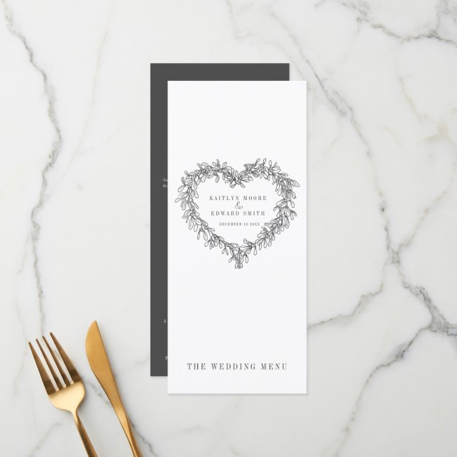 Mistletoe heart dark grey white wedding menus (Front/Back In Situ)