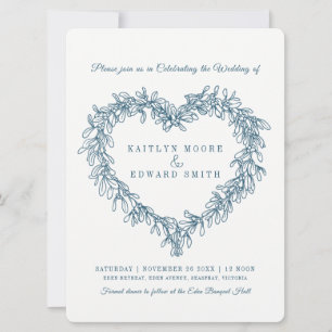 Mistletoe heart line art wedding blue white  invitation