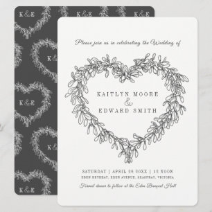 Mistletoe heart line art wedding dark grey white invitation