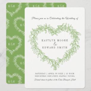 Mistletoe heart line art wedding green white invitation