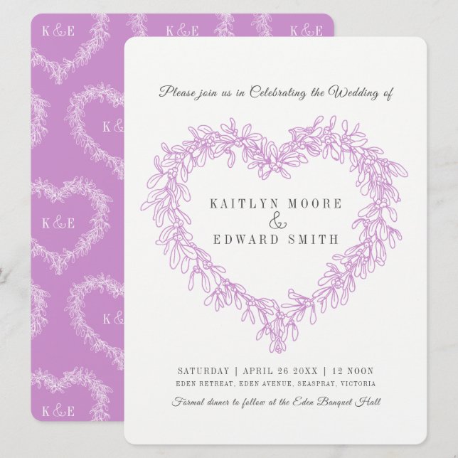 Mistletoe heart line art wedding purple white invitation (Front/Back)