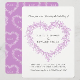 Mistletoe heart line art wedding purple white invitation