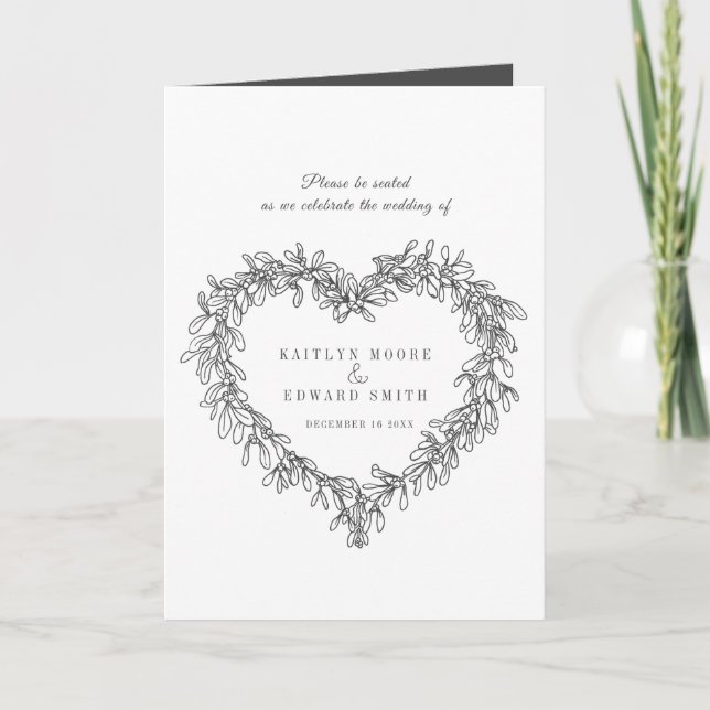 Mistletoe heart wreath white dark grey wedding  programme (Front)