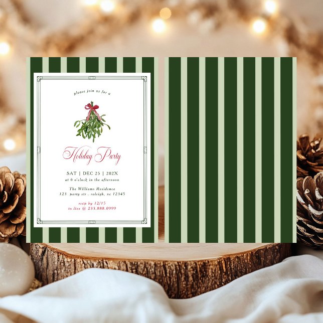 Mistletoe Holiday Party Bow Stripes Christmas Invitation (Creator Uploaded)