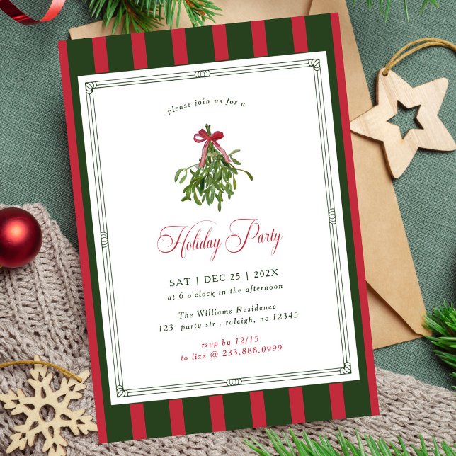 Mistletoe Holiday Party Red Bow Stripes Christmas Invitation (Creator Uploaded)