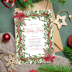 Mistletoe Holiday Party Red Bow Stripes Christmas Invitation