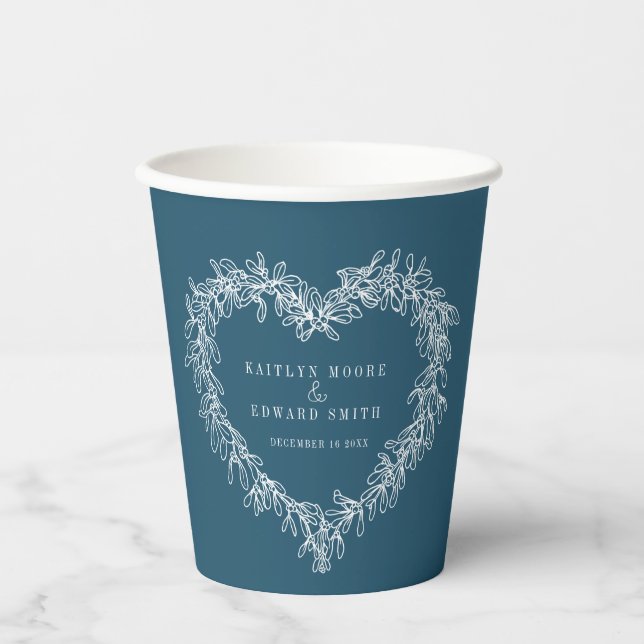 Mistletoe line art blue wedding custom photo paper cups (Front)