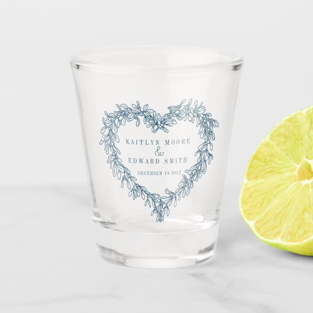 Mistletoe line art blue winter wedding custom shot glass (Front)