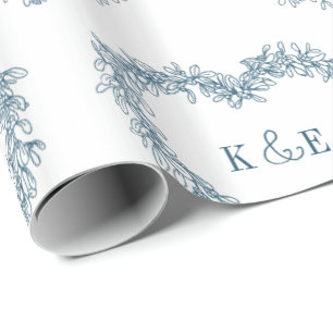 Mistletoe line art drawing monogram blue white wrapping paper