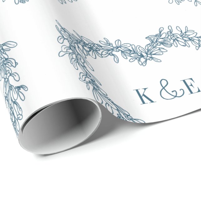 Mistletoe line art drawing monogram blue white wrapping paper (Roll Corner)