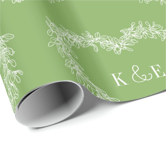 Mistletoe line art drawing monogram green white wrapping paper (Roll Corner)
