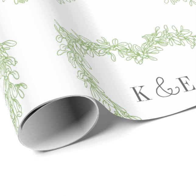 Mistletoe line art drawing monogram green white wrapping paper (Roll Corner)