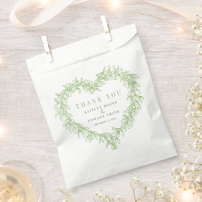 Mistletoe line art green grey wedding thank you favour bags (Clipped)