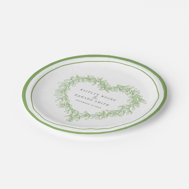 Mistletoe line art green white winter wedding paper plate (Angled)
