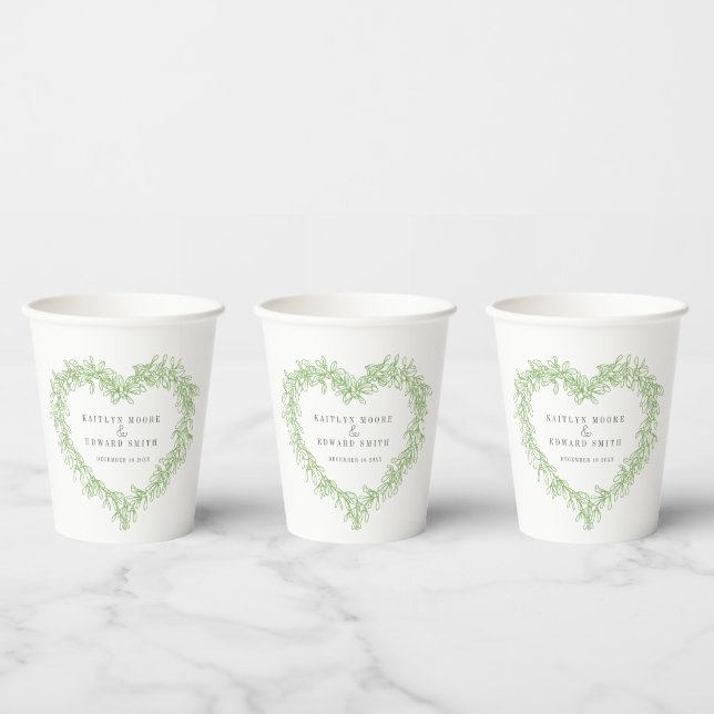 Mistletoe line art green winter wedding custom  paper cups (Multi)