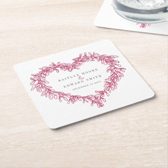 Mistletoe line art red winter wedding custom square paper coaster (Angled)