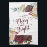 Mistletoe Manor Christmas Merry and Bright Holiday Tea Towel<br><div class="desc">Mistletoe Manor Watercolor Roses & Flowers Design with Hand Painted Stems, Vines, Leaves, Foliage. Colourful Marsala, Wine Red, Merlot, Ivory Cream, Burgundy, and Hints of Yellow. With Swirly Chic Hand Lettered Brush Script Typography Fonts, Rose Gold Glitter Foil Geometric Frame, and Elegant floral Bouquet- Christmas & Holiday tis the season...</div>