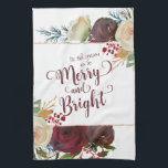 Mistletoe Manor Christmas Merry and Bright Holiday Tea Towel<br><div class="desc">Mistletoe Manor Watercolor Roses & Flowers Design with Hand Painted Stems, Vines, Leaves, Foliage. Colourful Marsala, Wine Red, Merlot, Ivory Cream, Burgundy, and Hints of Yellow. With Swirly Chic Hand Lettered Brush Script Typography Fonts, Rose Gold Glitter Foil Geometric Frame, and Elegant floral Bouquet- Christmas & Holiday tis the season...</div>