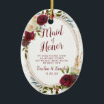 Mistletoe Manor Floral To the Maid of Honour Quote Ceramic Tree Decoration<br><div class="desc">Mistletoe Manor Watercolor Lush Roses Design with Hand Painted Florals, Holly Berry Leaves, Pine Sprig Foliage, and Watercolor Paint Brush Strokes. Colourful Marsala, Wine Merlot Red, Burgundy, Ivory Cream, and Green. With Swirly Chic Typography Brush Script Fonts and Rose Gold Elegant Floral Oval Frame - Maid of Honour Heartfelt Quote...</div>
