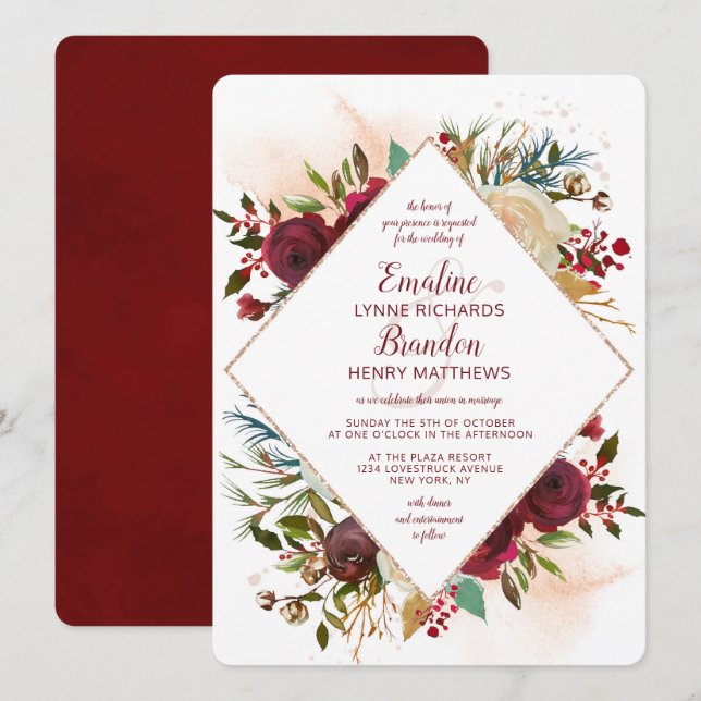 Mistletoe Manor Rose Gold Diamond Frame Wedding Invitation (Front/Back)